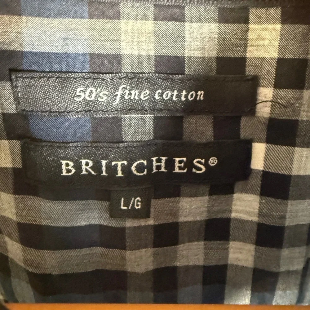 Britches Button Down Shirt Mens Large Blue Plaid Fine Cotton‎ Office Business